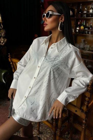 Ay Figürlü Taş İşlemeli Poplin Gömlek 3440 resmi